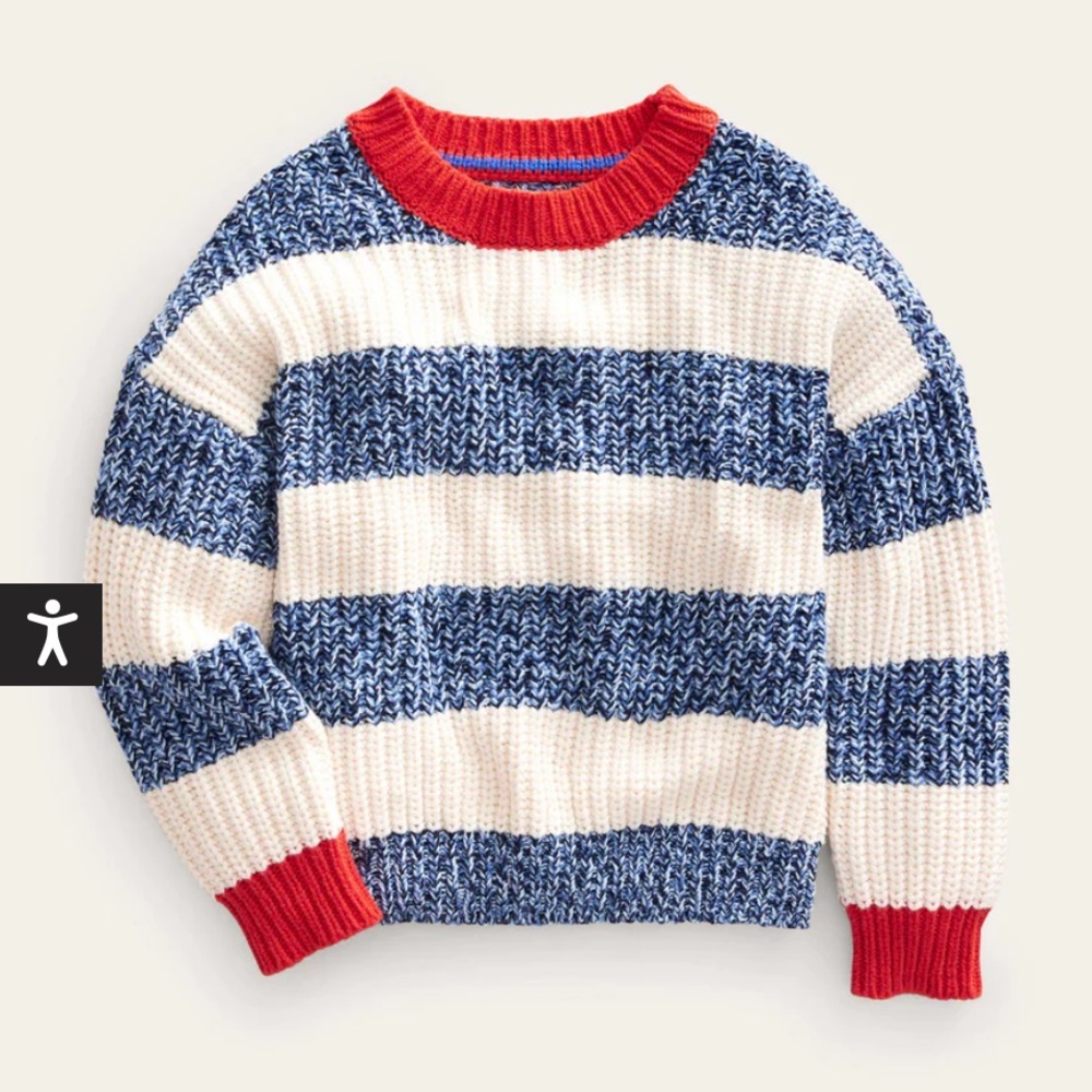 Mini Boden Blue and Cream Striped Crewneck Sweater with Red Trim size 5/6
